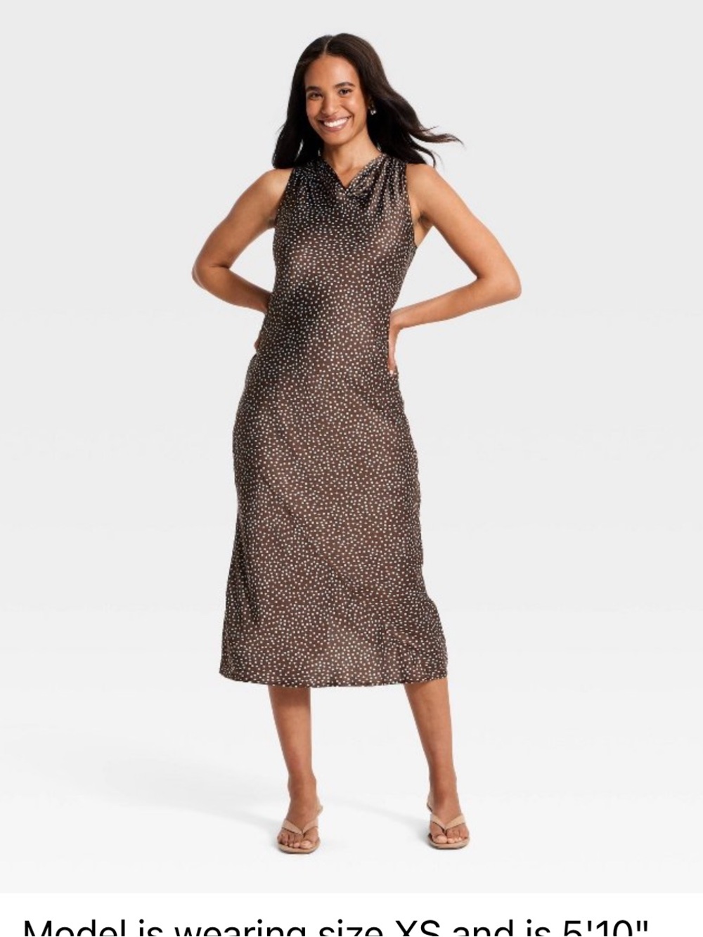 Women's Cowl Neck Slip Midi Dress - A New Day Brown Polka Dots M NWT